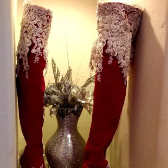 "FRANCES" Custom Red & White Beaded Lace OTK Boots - Picture 2 of 4